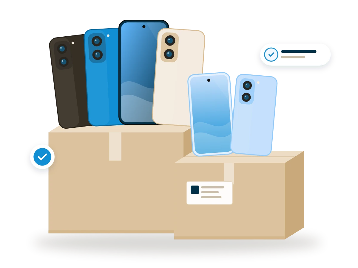 Cajas de envío con celulares reacondicionados de varias marcas