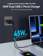 Cargador TECKNET Tipo C (USB-C) de 45W GaN, Carga Rápida PPS con Doble Puerto