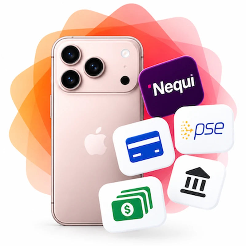 Celular reacondicionado con los logos de Nequi, PSE, efectivo y transferencia bancaria
