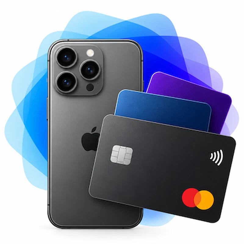 Celular reacondicionado junto a tarjetas de crédito